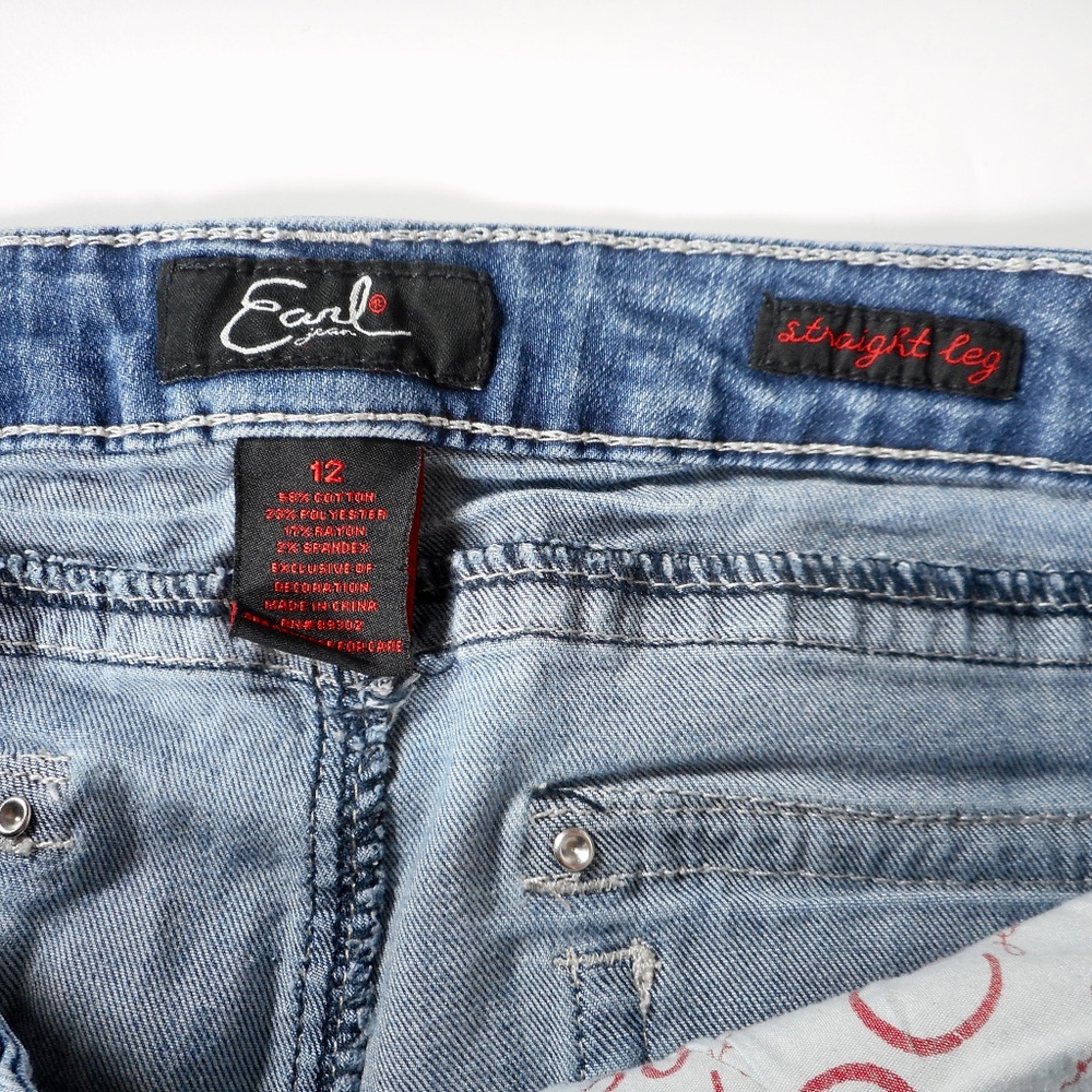 Earl Jeans 12 Denim Blue Straight Leg Bling Flap Pocket 32 x30.5 Fleur De Lis - Picture 5 of 10